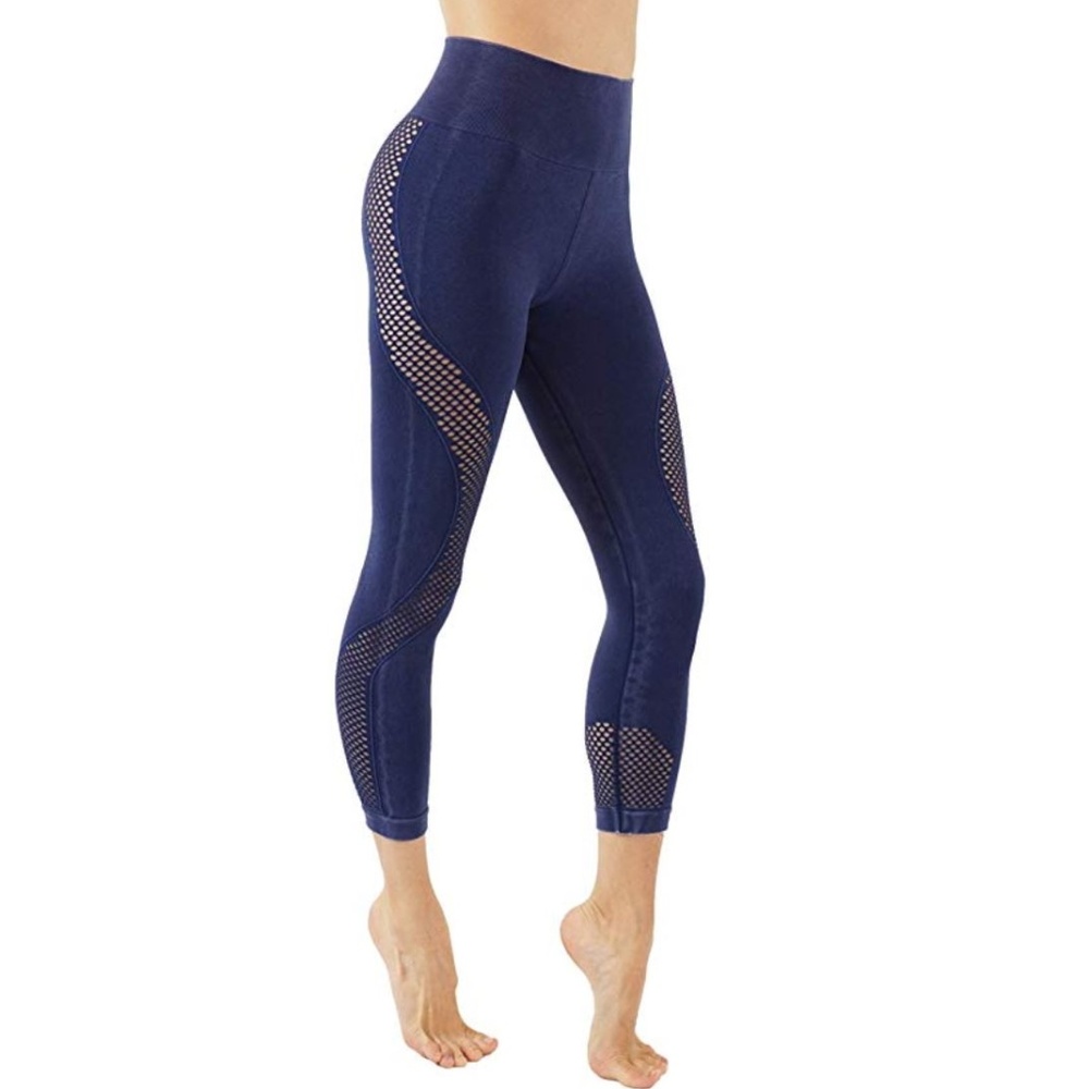 Seamless Fade Blue yoga leggings workout pants mesh laser cut mid waist - Picture 3 of 3